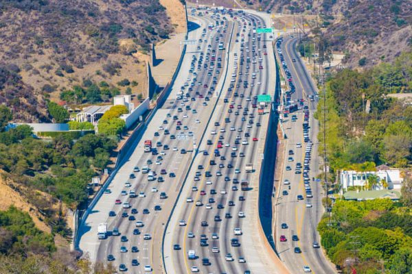 Cars on a busy highway in LA, California